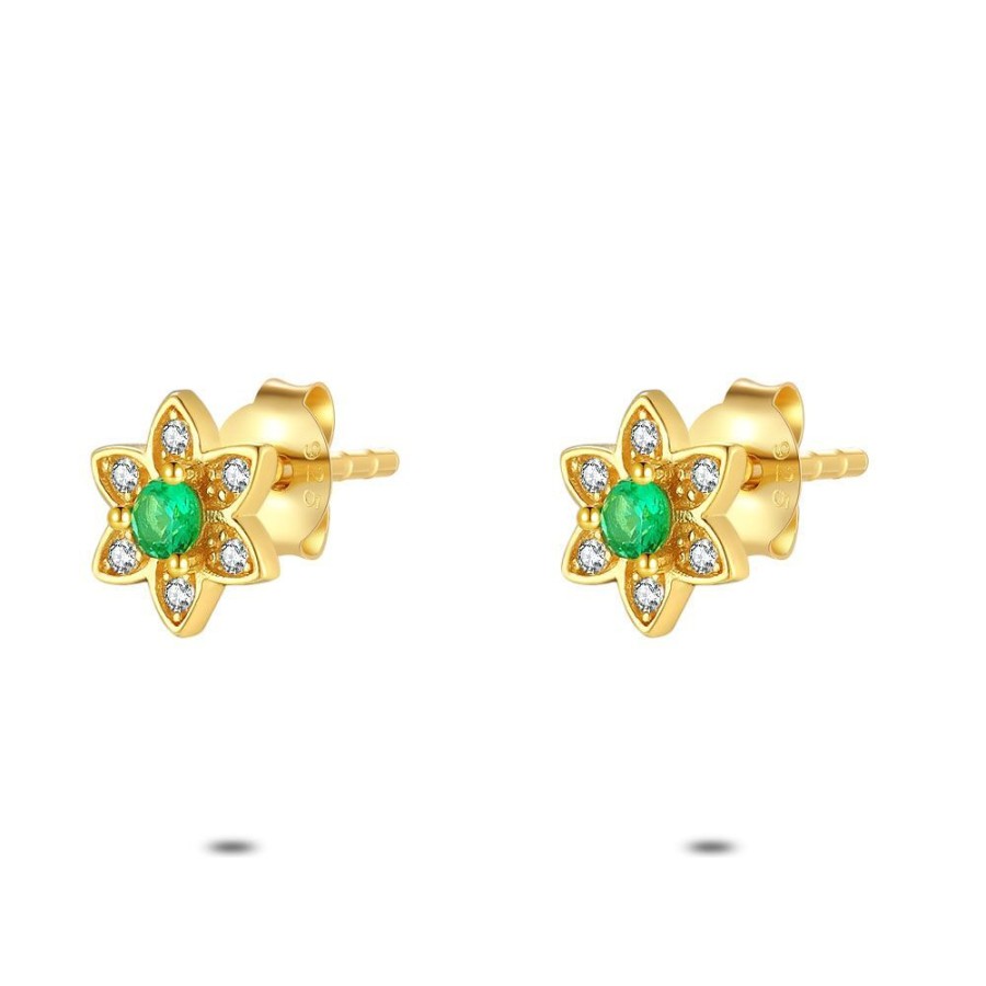 Women Twice As Nice | 18Ct Gold Plated Silver Earrings, Flower, White And Green Zirconia