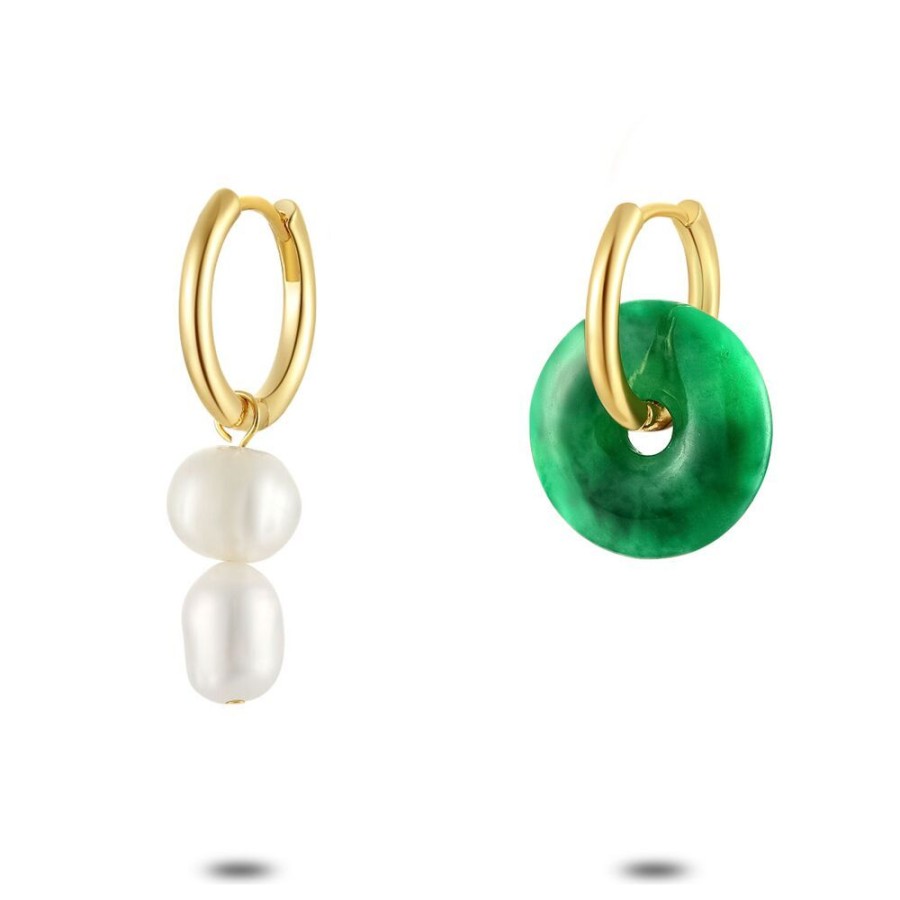 Women Twice As Nice | High Fashion Earrings, Hoops, 2 Pearls, 1 Round Green Stone