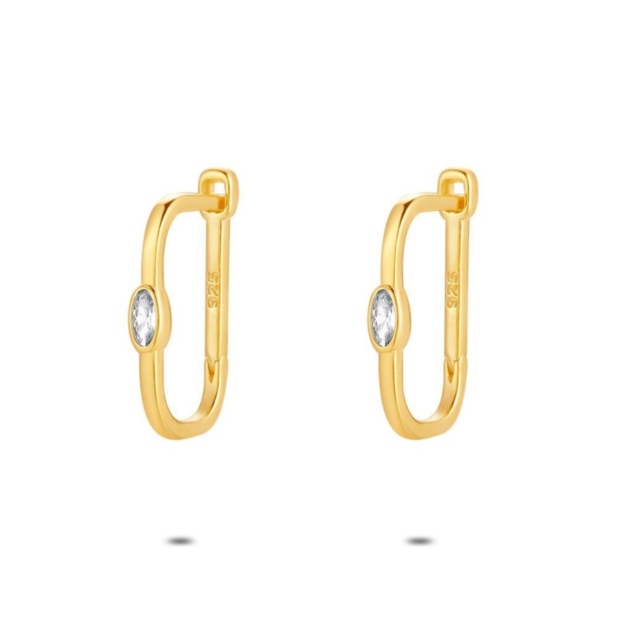 Women Twice As Nice | 18Ct Gold Plated Silver Oval-Shaped Hoop Earrings, Gold-Coloured, Zirconia