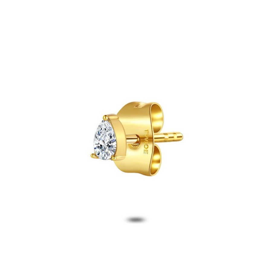 Women Twice As Nice | Earring Per Piece In Gold-Coloured Stainless Steel, Drop Zirconia, 3 Mm