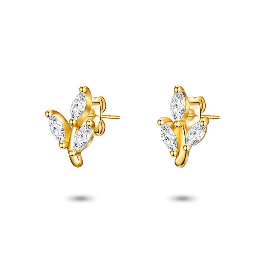 Women Twice As Nice | 18Ct Gold Plated Silver Earrings, 3 Leafs, Zirconia