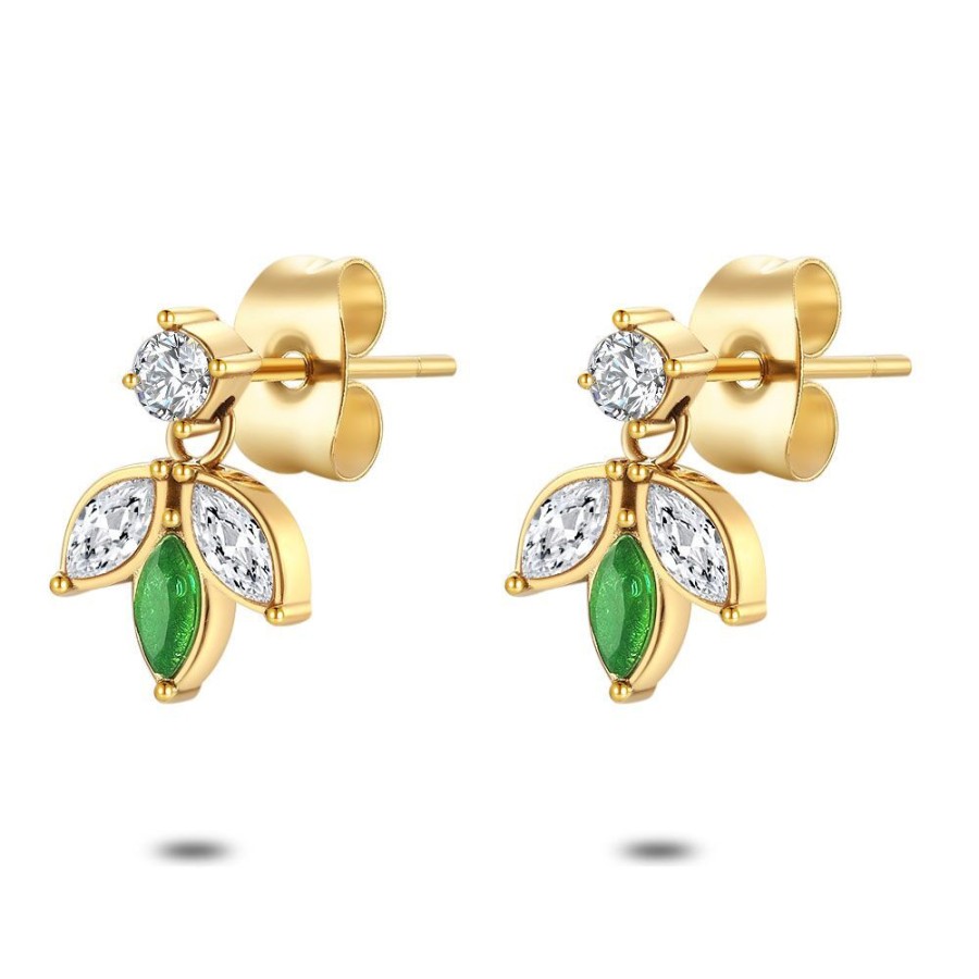 Women Twice As Nice | Earrings In Gold-Coloured Stainless Steel, Green And White Leafs