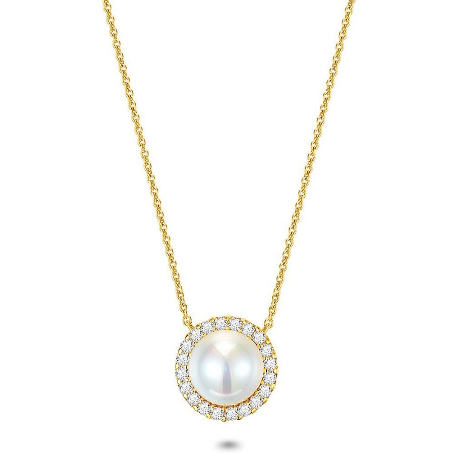 Women Twice As Nice | 18Ct Gold Plated Silver Necklace, Half Pearl Surrounded By Zirconia