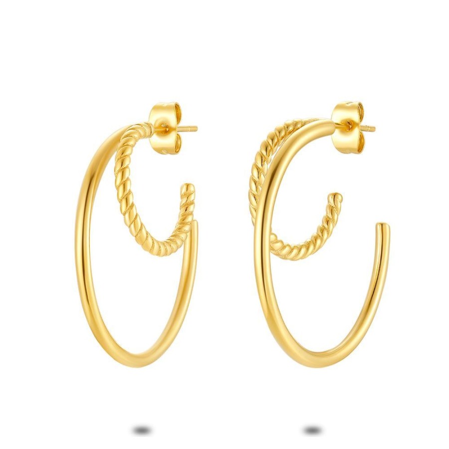 Women Twice As Nice | Gold Coloured Stainless Steel Earrings, Double Earring, Little Twisted Earring, Solid Big Earring