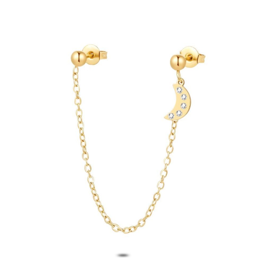 Women Twice As Nice | Gold Coloured Stainless Steel Earring Per Piece, Ball, Moon With Crystals