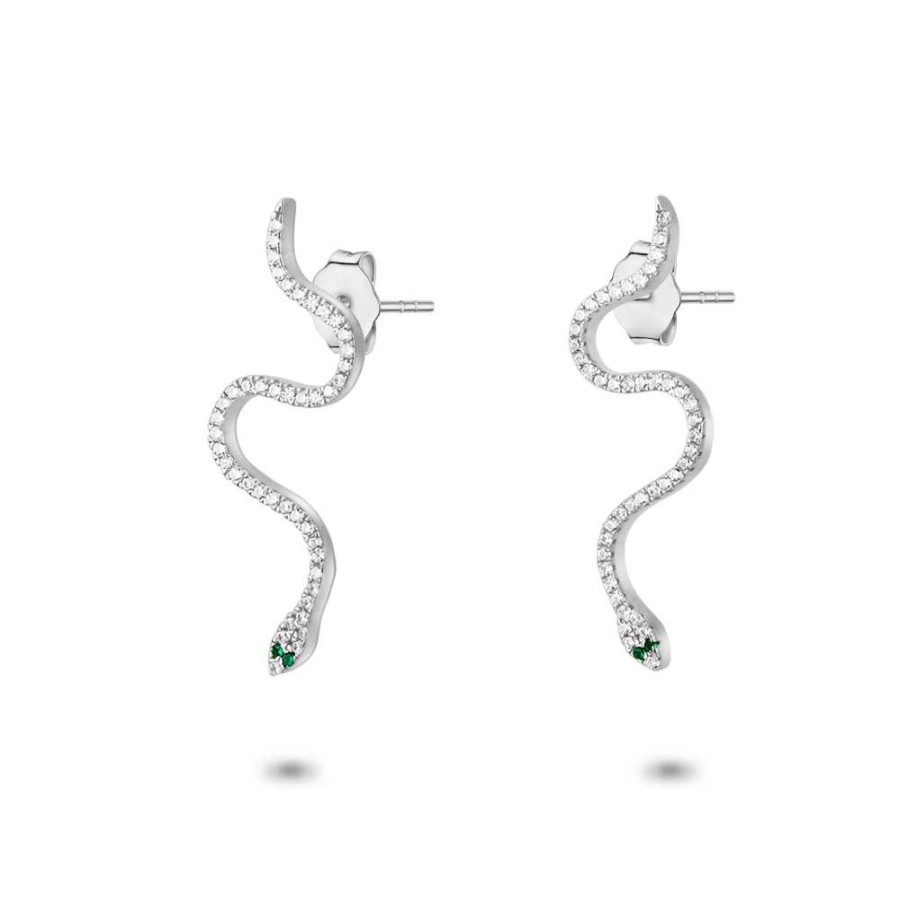 Women Twice As Nice | Silver Earrings, Snake, White And Green Zirconia