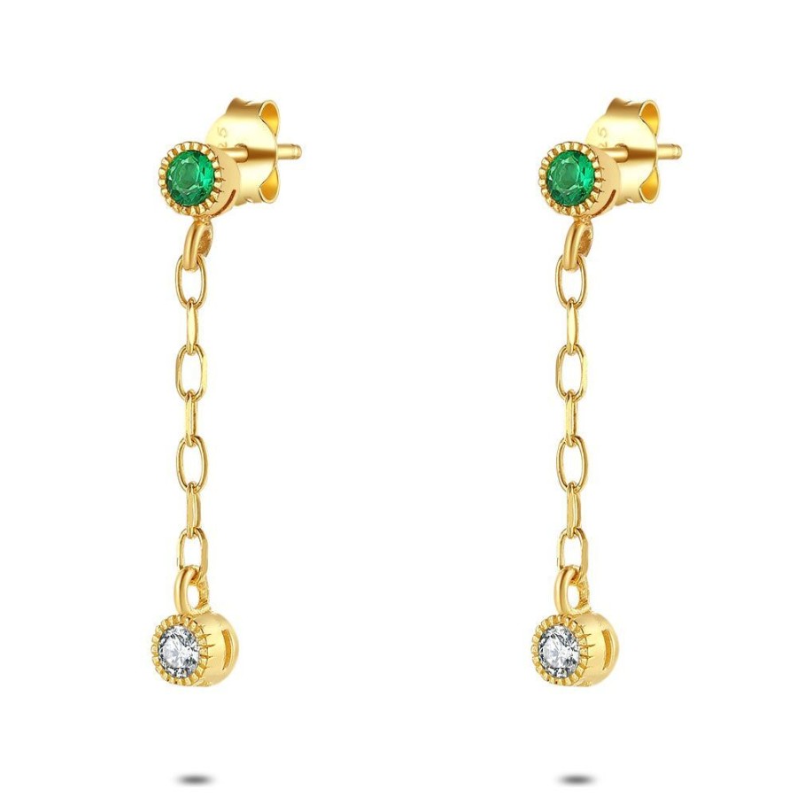 Women Twice As Nice | 18Ct Gold Plated Silver Earrings, Green And White Zirconia