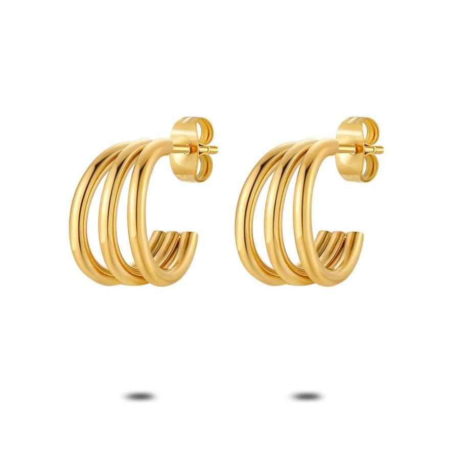 Women Twice As Nice | Gold Coloured Stainless Steel Earrings, Open Hoop Earrings, 3 Rows