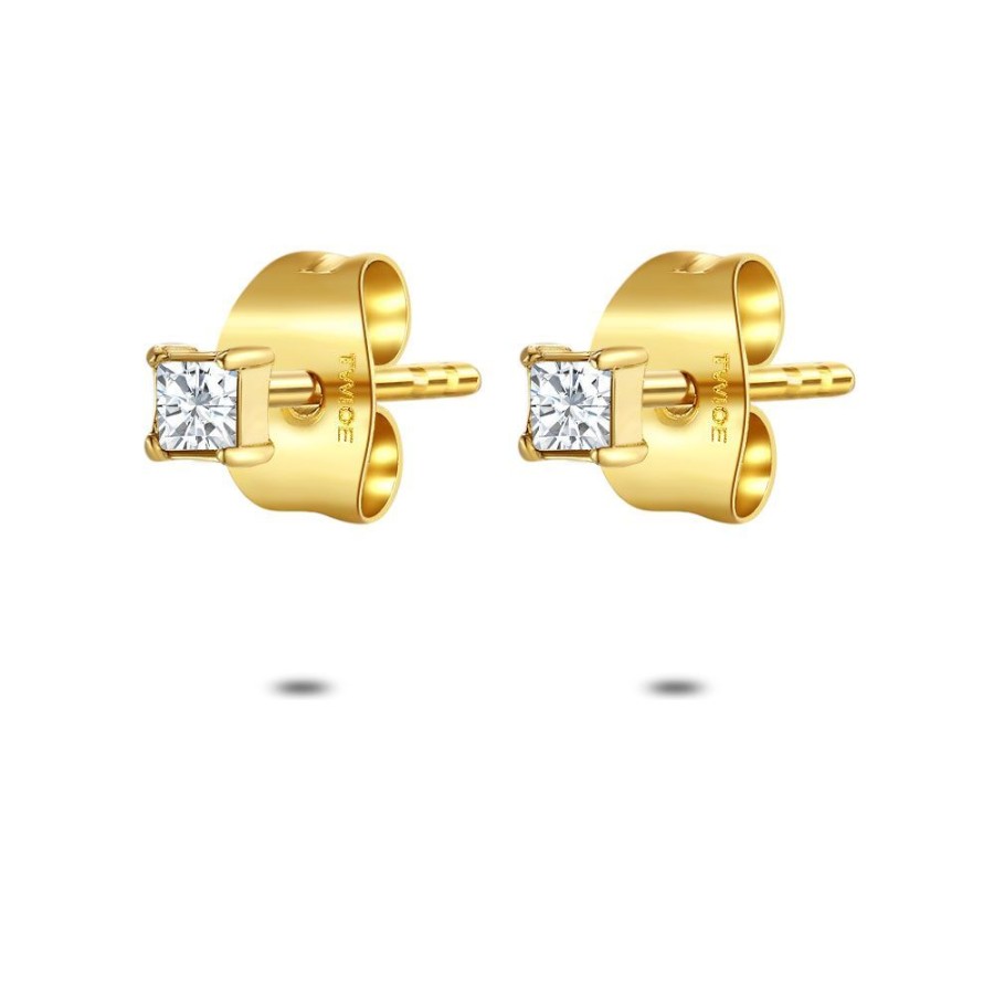 Women Twice As Nice | Gold Coloured Stainless Steel Earrings, Square, Ziconia