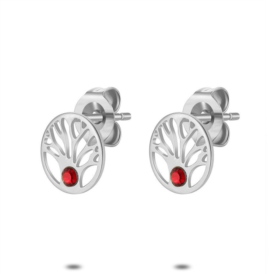 Women Twice As Nice | Silver Earrings, Tree Of Life, 1 Red Crystal