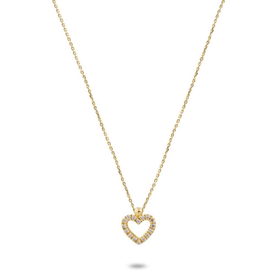 Women Twice As Nice | 18Ct Gold Plated Silver Necklace, Open Heart With Zirconia