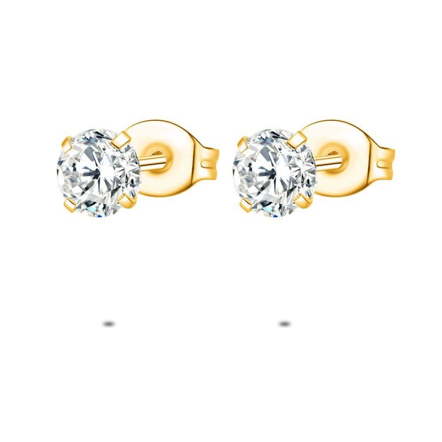 Women Twice As Nice | Gold Coloured Stainless Steel Earrings, 1 Zirconia Of 5 Mm