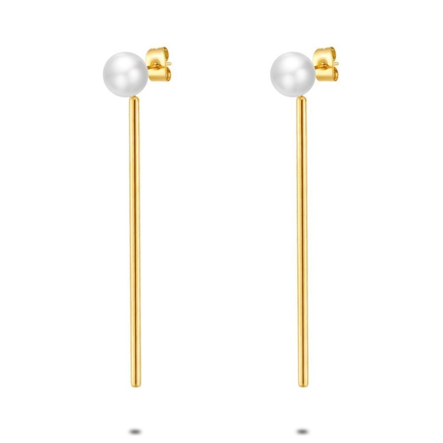 Women Twice As Nice | Gold Coloured Stainless Steel Earrings, Pearl And Bar