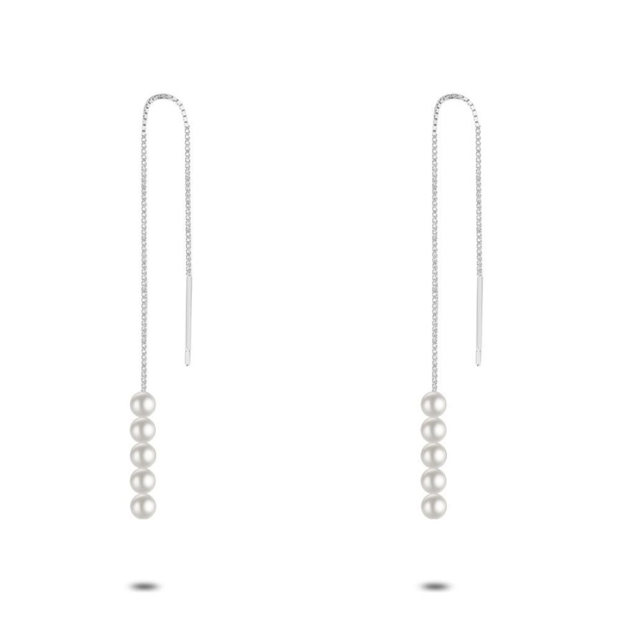 Women Twice As Nice | Silver Earrings, 5 Pearls On Chain