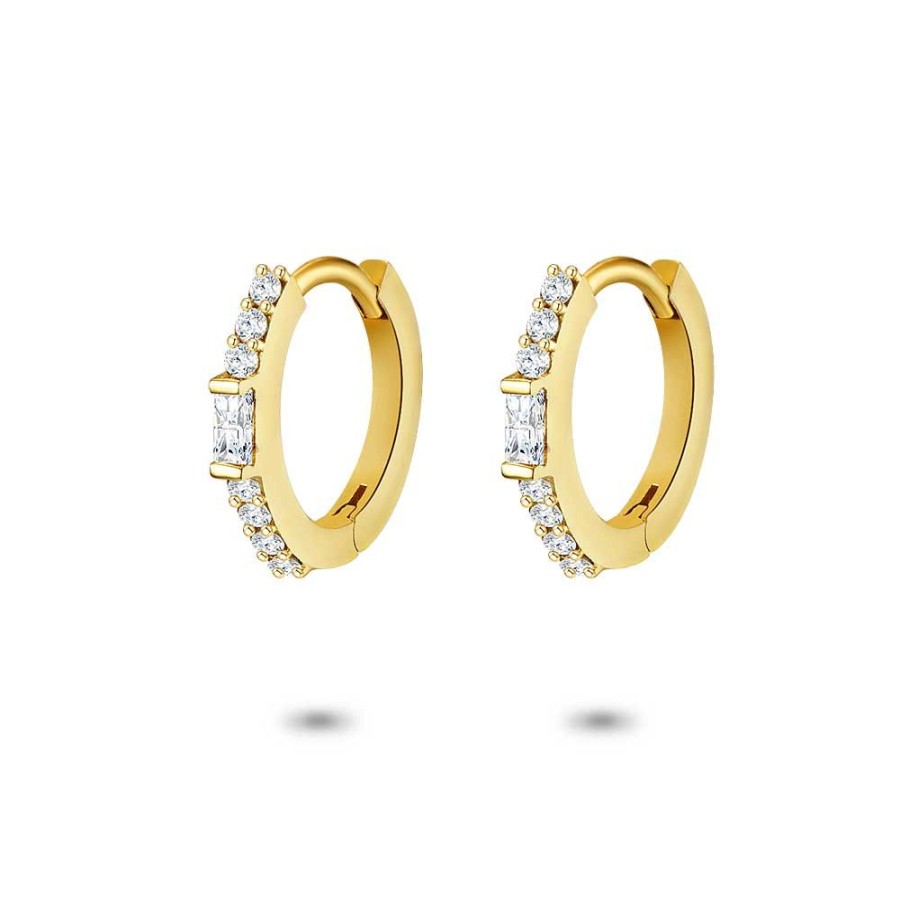 Women Twice As Nice | 18Ct Gold Plated Silver Earrings, Hoop, White Zirconia, 1 White Emerald Cut Zirconia