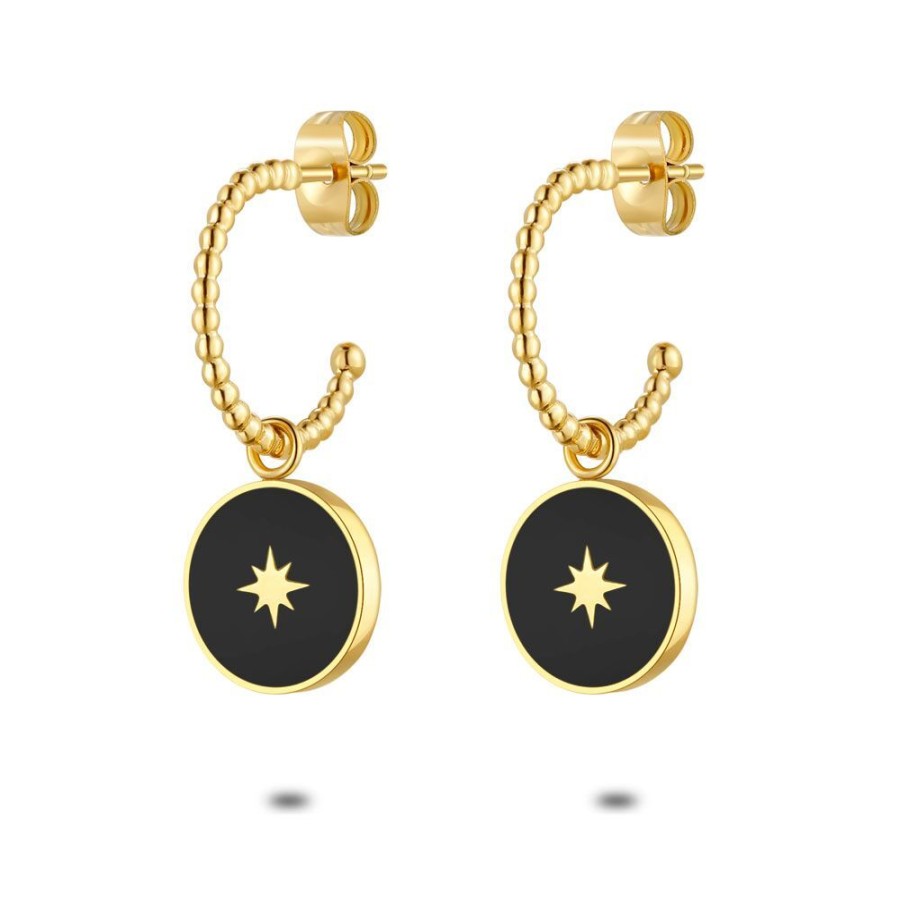 Women Twice As Nice | Gold Coloured Stainless Steel Earrings, Hoop Earrings, Black Round, Star