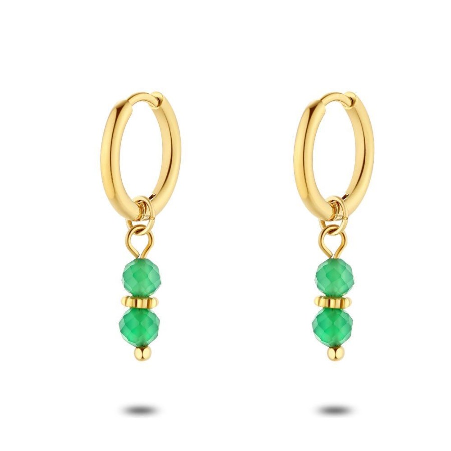 Women Twice As Nice | Gold Coloured Stainless Steel Earrings, 2 Green Stones