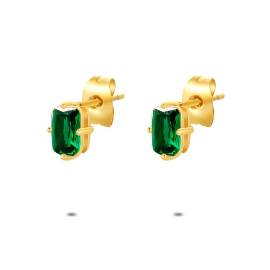 Women Twice As Nice | Gold Coloured Stainless Steel Earrings, Rectangular Green Zirconia