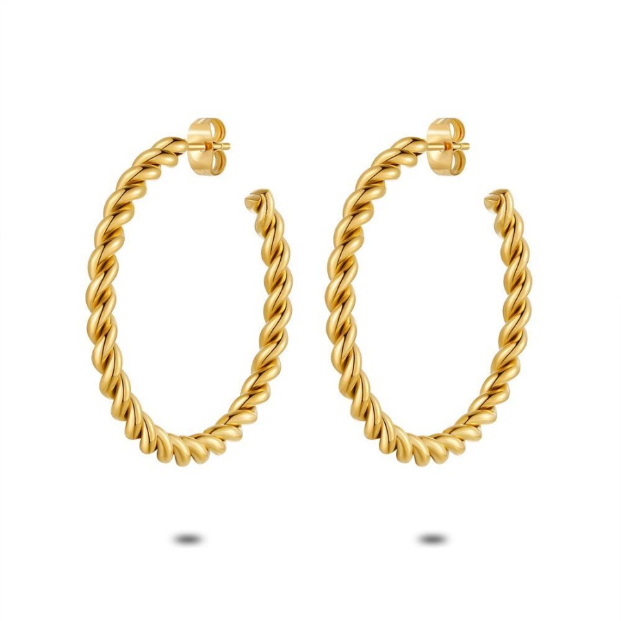 Women Twice As Nice | Gold Coloured Stainless Steel Earrings, Twisted Hoops, 35 Mm