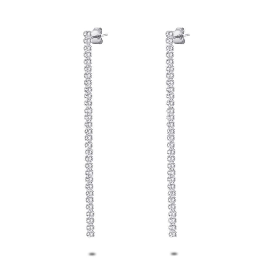 Women Twice As Nice | Hanging Silver Earrings, White Zirconia, 7 Cm