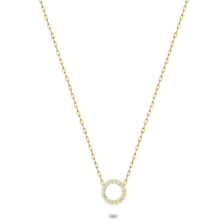 Women Twice As Nice | Gold Coloured Stainless Steel Necklace, Open Circle, White Crystals