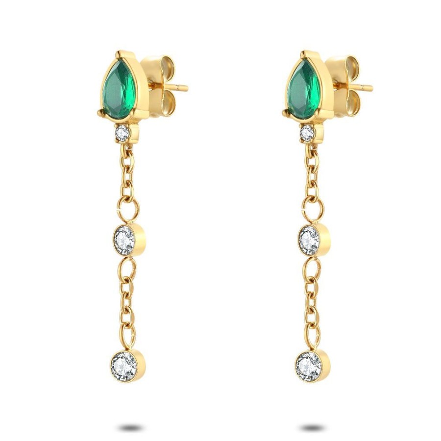 Women Twice As Nice | Earrings In Gold-Tone Stainless Steel, Teardrop Green Zirconia, Round White Zirconia