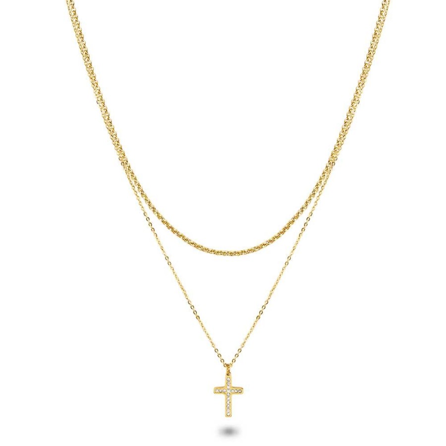 Women Twice As Nice | Gold Coloured Stainless Steel Necklace, Cross On 2 Different Chains