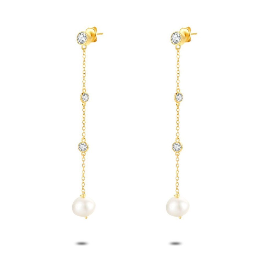 Women Twice As Nice | 18Ct Gold Plated Silver Earrings, 1 Pearl And 3 Zirconias On A Chain