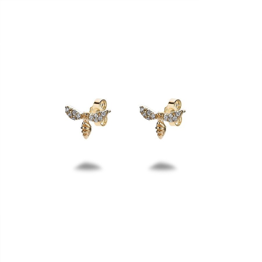 Women Twice As Nice | 18Ct Gold Plated Silver Earrings, Small Bee In Zirconia