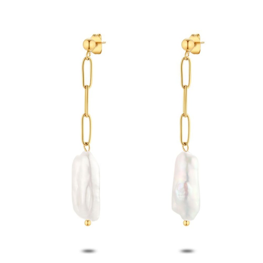 Women Twice As Nice | Gold Coloured Stainless Steel Earrings, Fresh Water Pearl, Oval Links