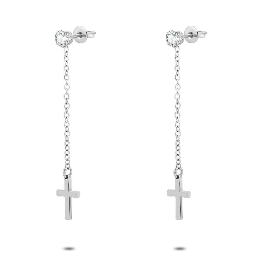 Women Twice As Nice | Stainless Steel Earrings, 1 Zirconia With Chain