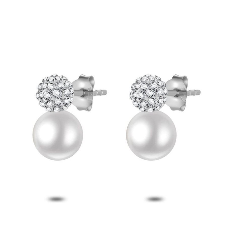 Women Twice As Nice | Silver Earrings, Sphere With White Zirconia + Pearl