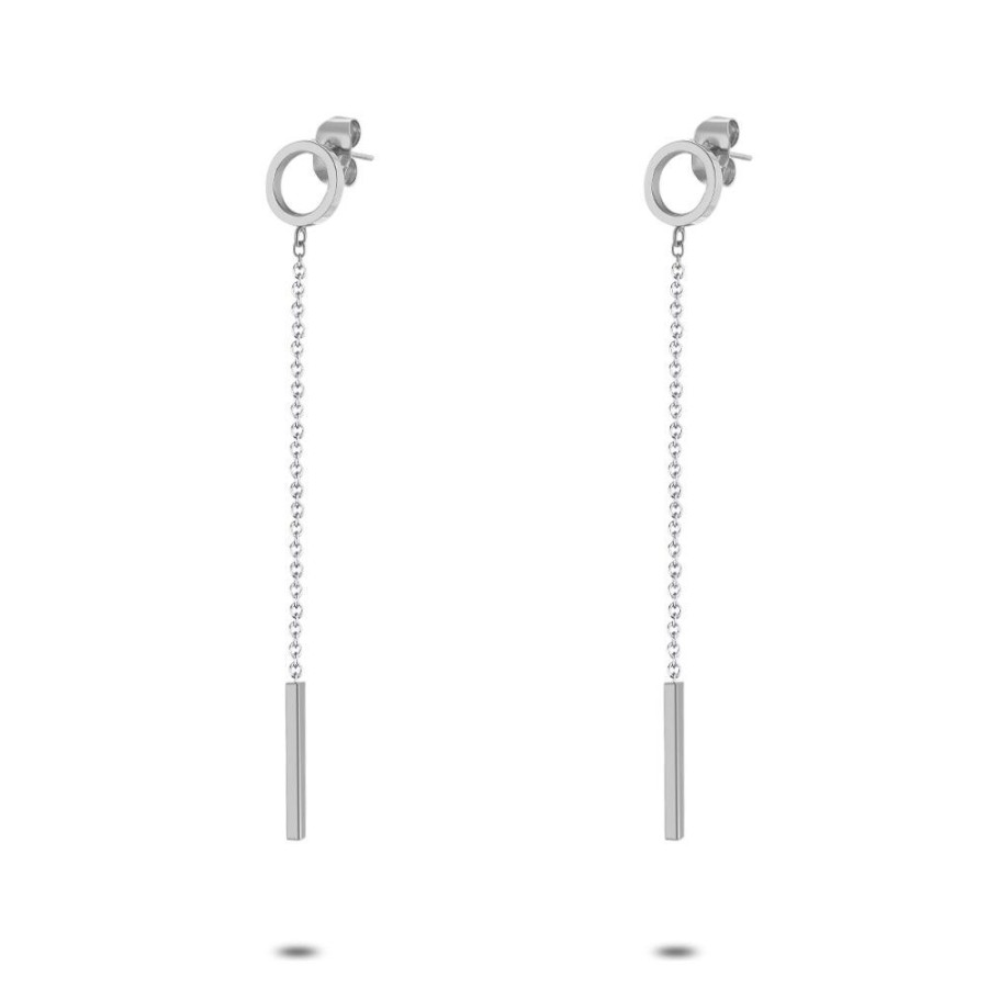 Women Twice As Nice | Stainless Steel Earrings, Circle With Chain And Bar