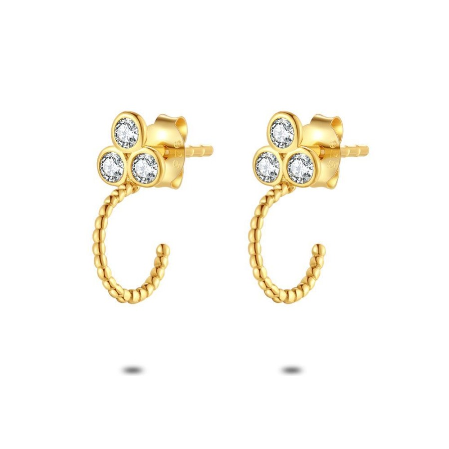 Women Twice As Nice | 18Ct Gold Plated Silver Earrings, Open Hoops, 3 Dots Zirconia