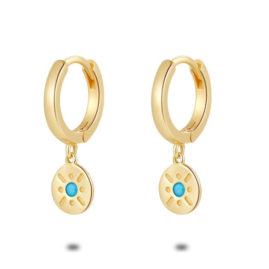 Women Twice As Nice | 18Ct Gold Plated Silver Earrings, Hoop Earrings, Round With Turquoise Stone