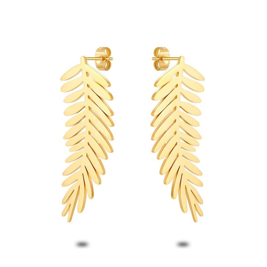 Women Twice As Nice | Gold Coloured Stainless Steel Earrings, 5 Cm Leaf