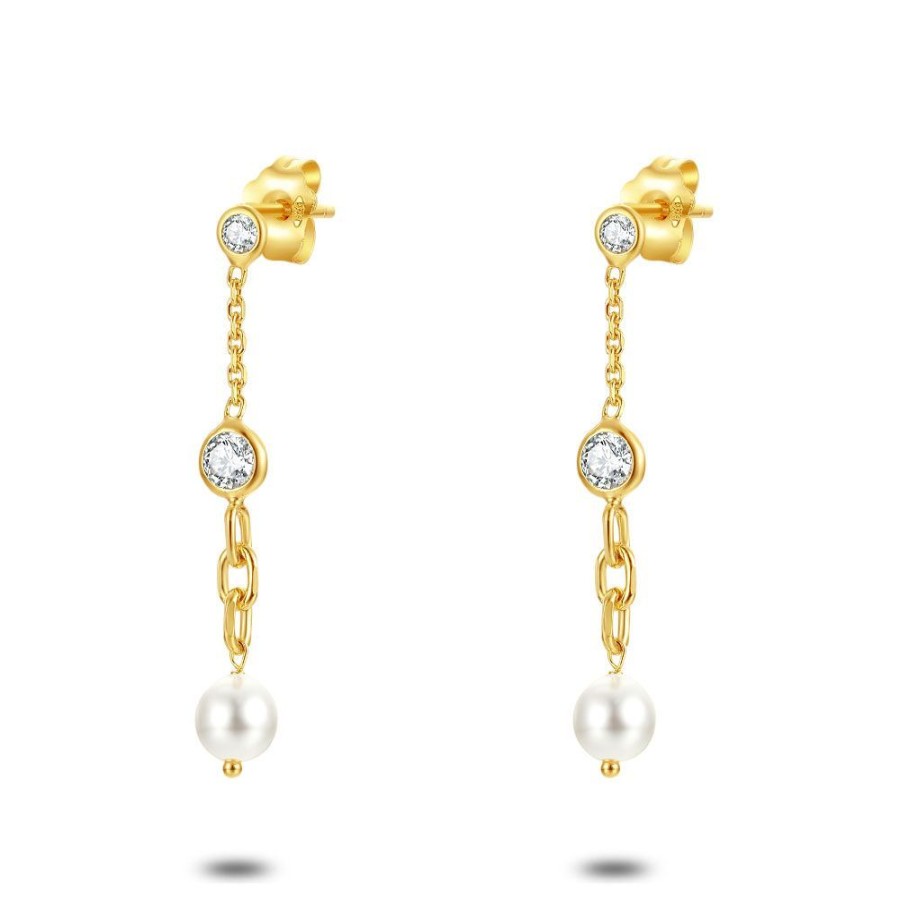 Women Twice As Nice | 18Ct Gold Plated Silver Earrings, Pearl And Zirconia