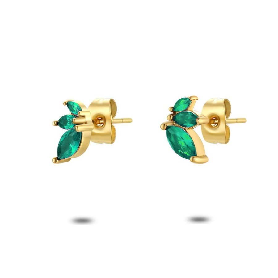 Women Twice As Nice | Earring In Gold-Coloured Stainless Steel, 3 Ellipses, Green Zirconia