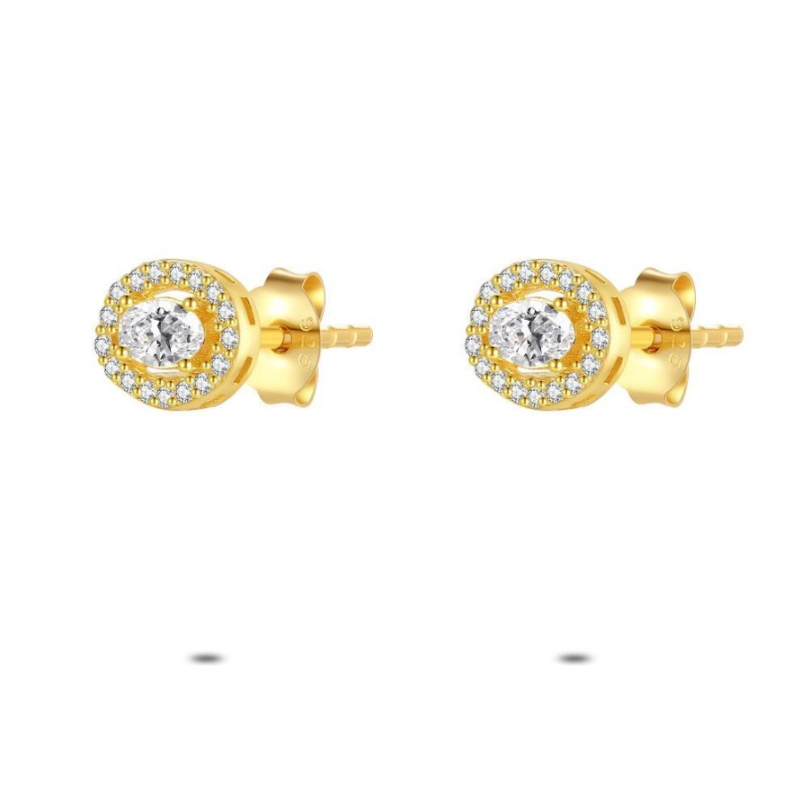 Women Twice As Nice | Silver Earrings, Oval Golden Earring With Zirconia