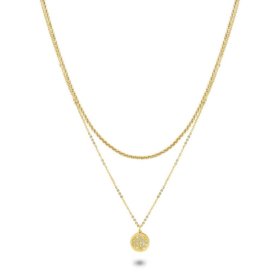 Women Twice As Nice | Gold Coloured Stainless Steel Necklace, Circle With White Crystals