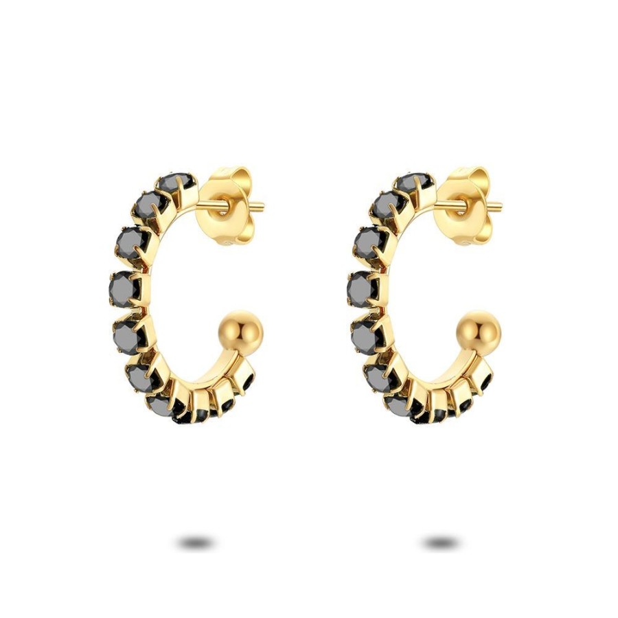 Women Twice As Nice | Gold Coloured Stainless Steel Earrings, Hoop Earrings, Black Crystals