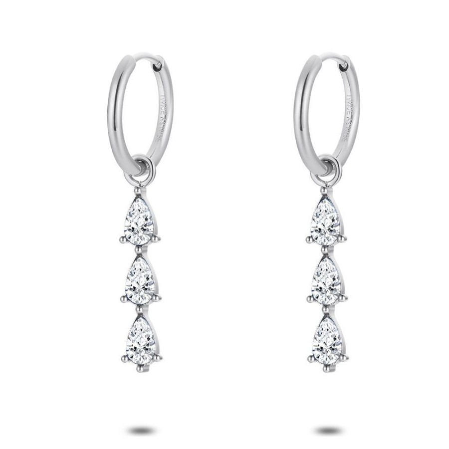 Women Twice As Nice | Stainless Steel Earrings, Hoop With 3 Drop-Shaped White Zirconia Stones