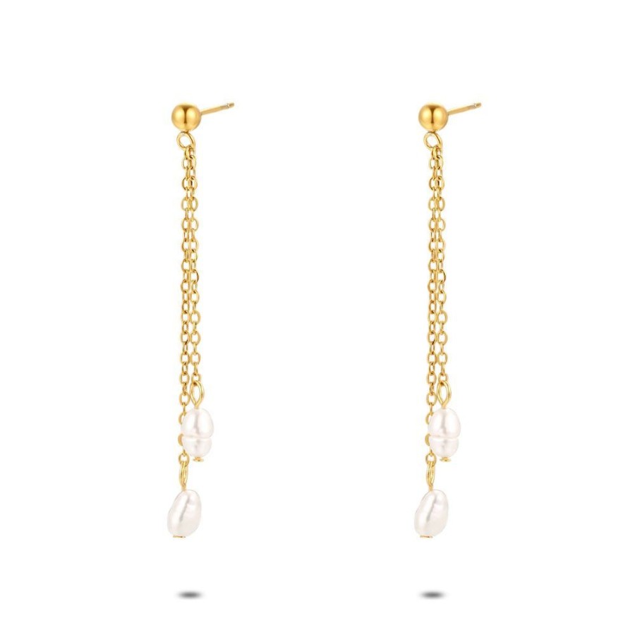 Women Twice As Nice | Gold Coloured Stainless Steel Earrings, Double Chain, Pearls