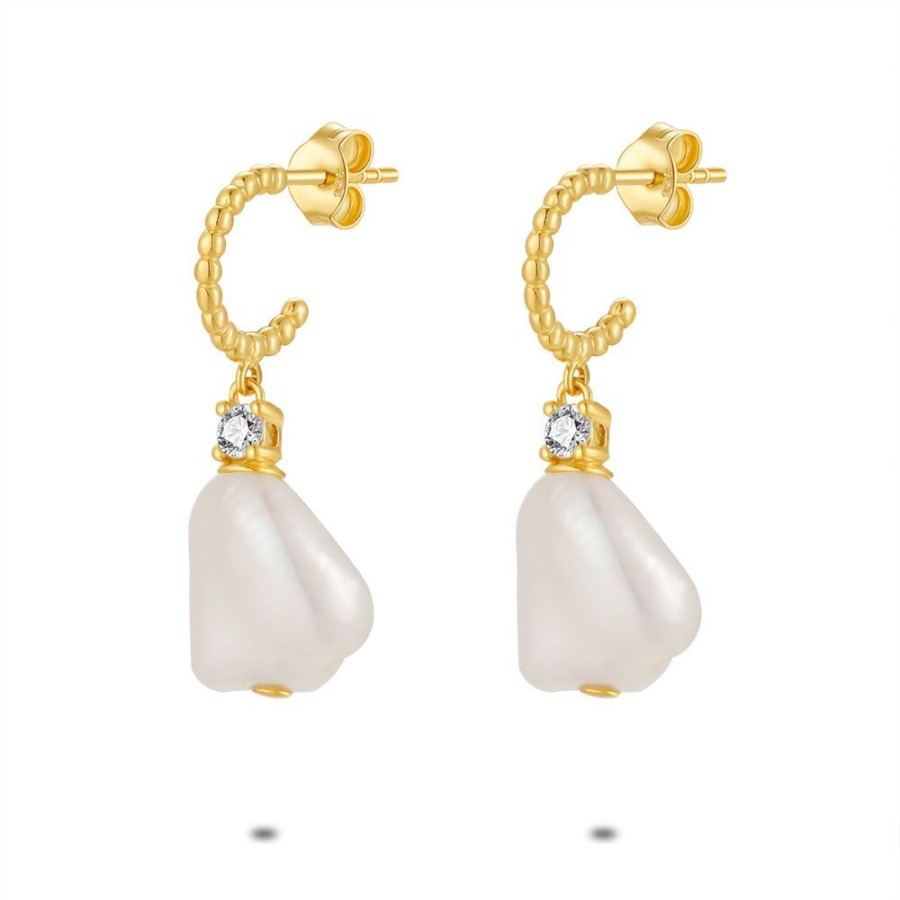 Women Twice As Nice | 18Ct Gold Plated Silver Earrings, Open Hoop, Zirconia And Pearl