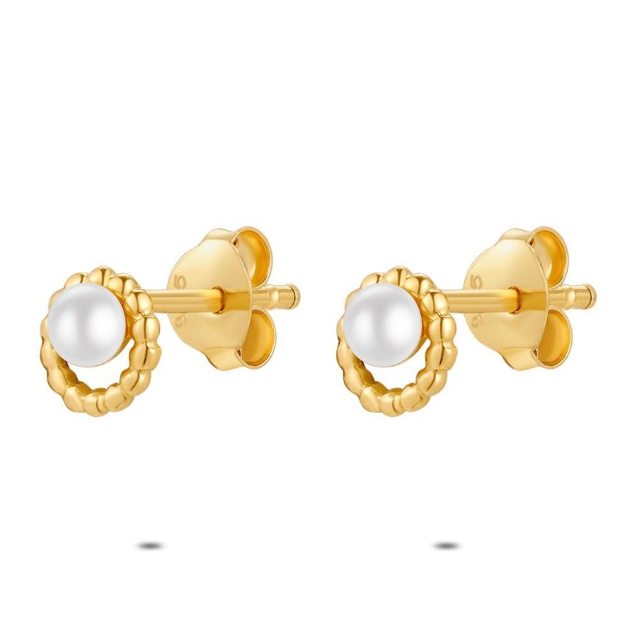 Women Twice As Nice | 18Ct Gold Plated Silver Earrings, Pearl In Twisted Ring