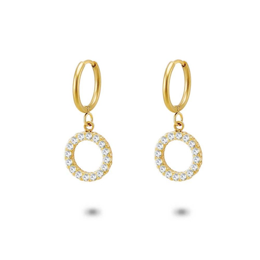 Women Twice As Nice | Gold Coloured Stainless Steel Earrings, Hoop With Circle And White Crystals