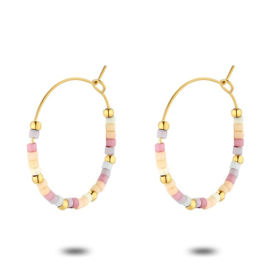 Women Twice As Nice | Gold Coloured Stainless Steel Earrings, Pink And Lilac Miyuki Beads