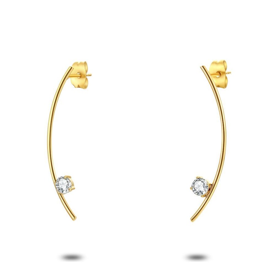 Women Twice As Nice | Gold Coloured Stainless Steel Earrings, Crystal On A Curve