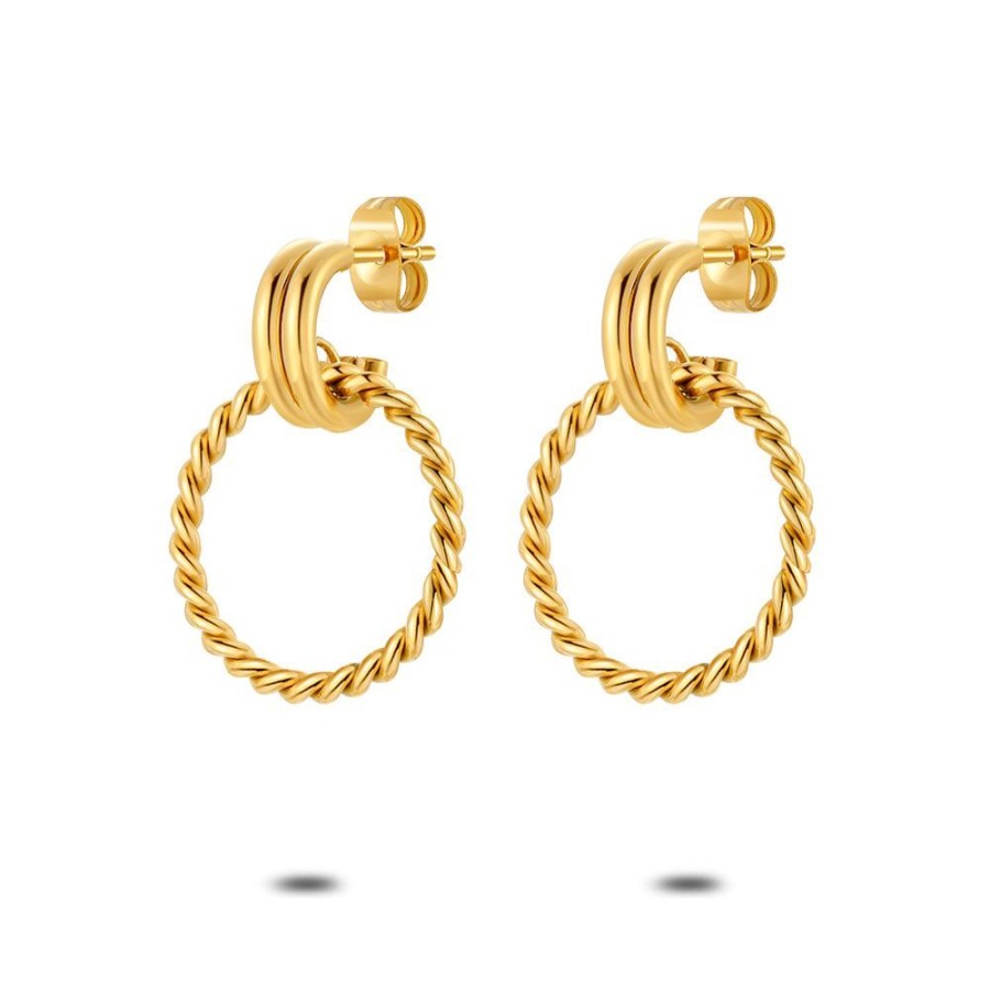 Women Twice As Nice | Gold Coloured Stainless Steel Earrings, Double Open Hoop Earring, Twisted Circle