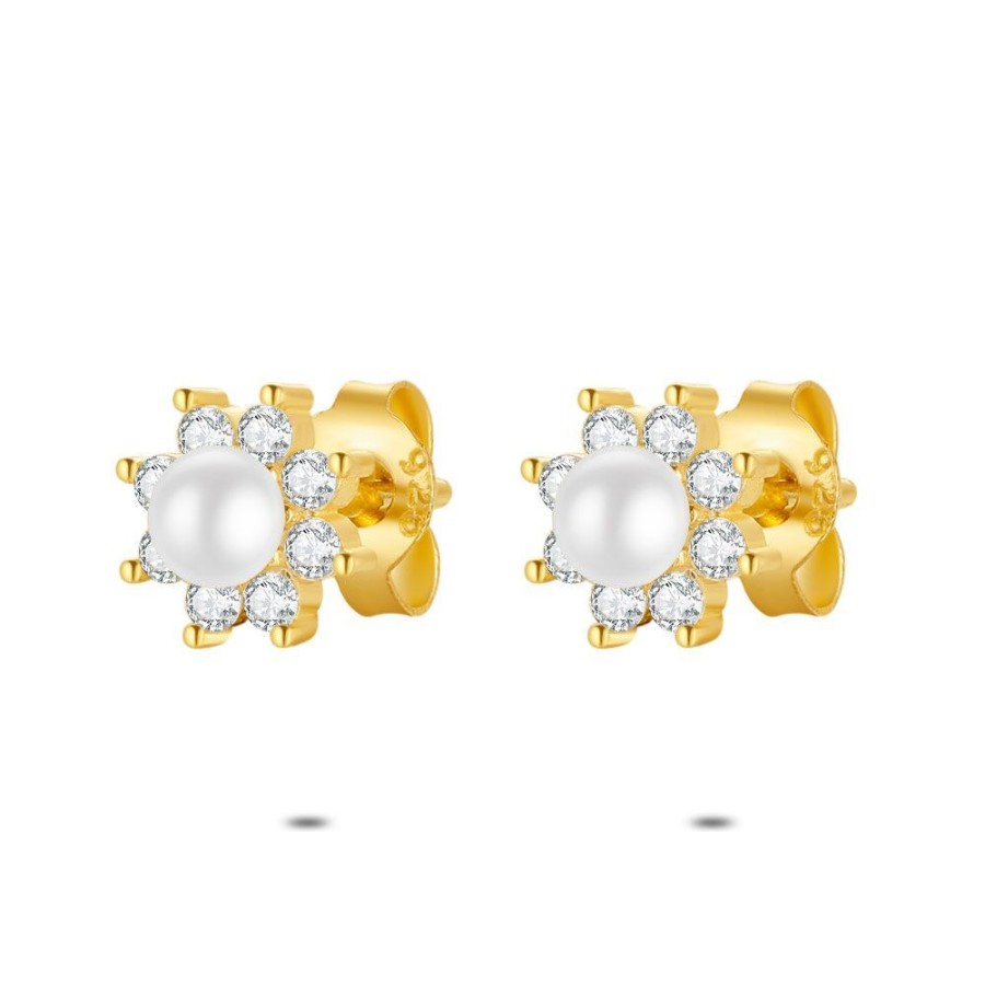 Women Twice As Nice | 18Ct Gold Plated Silver Earrings, Flower, Gold-Coloured, 1 Pearl + Zirconia